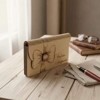 Geöffneter Holz‑Umschlag aus Sperrholz mit Innenfach für Geldschein oder persönliche Botschaft